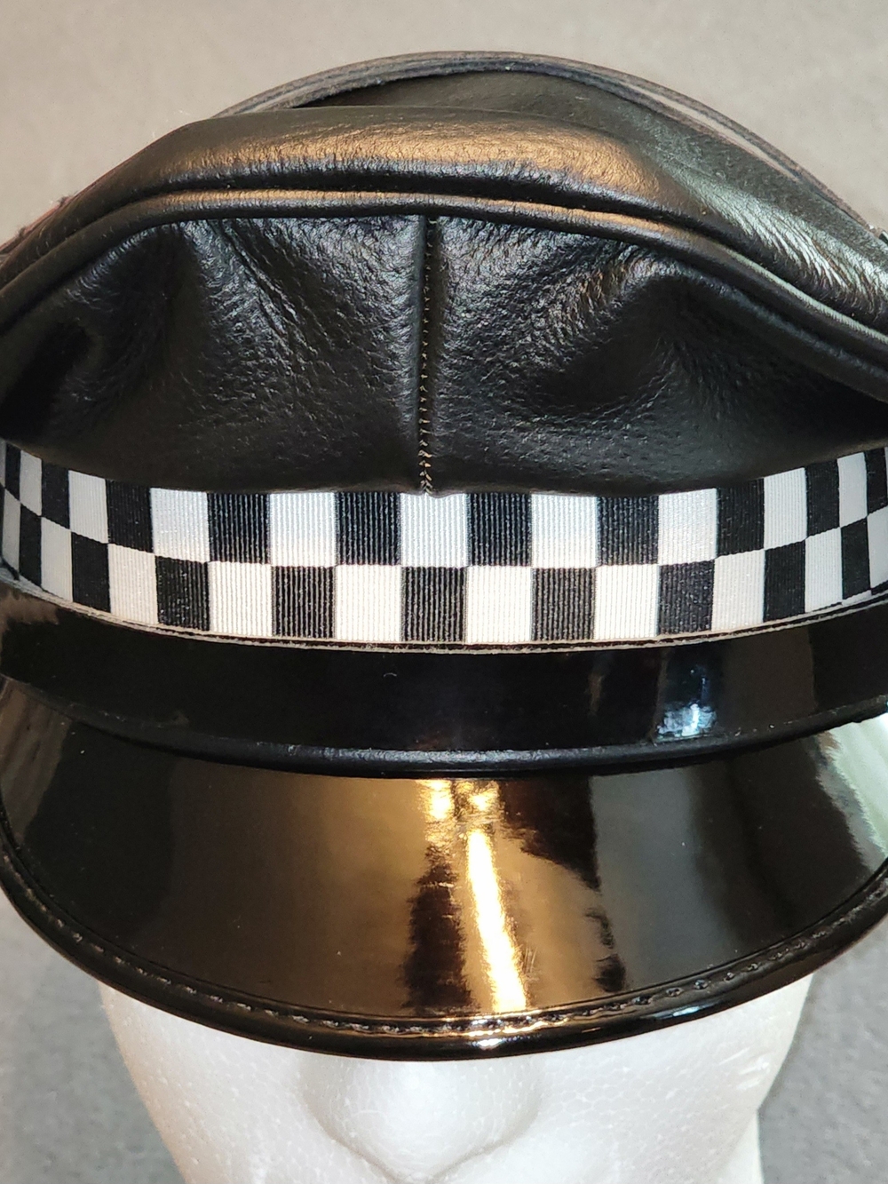 Vintage Style Police Black Leather Hat, Checkered Band, Cap, Size 58cm, 7 1/4